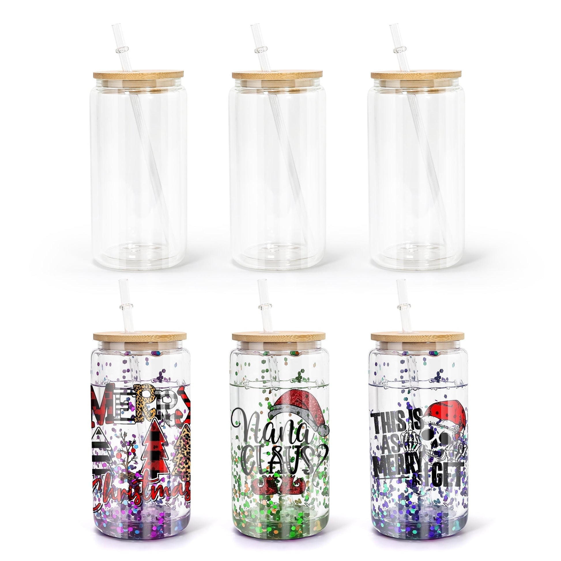 AGH 16oz Sublimation Snow Globe Glass Can Shaped Tumblers with Bamboo Lids and Straws - 25 Pack, Duble Wall Blank Beer Can Clear Glass Ice Coffee Cups with Pre Drilled Hole for Snow Globe DIY