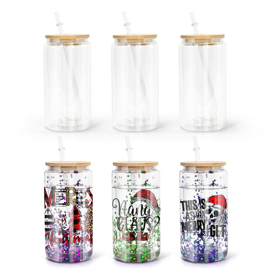AGH 16oz Sublimation Snow Globe Glass Can Shaped Tumblers with Bamboo Lids and Straws - 25 Pack, Duble Wall Blank Beer Can Clear Glass Ice Coffee Cups with Pre Drilled Hole for Snow Globe DIY