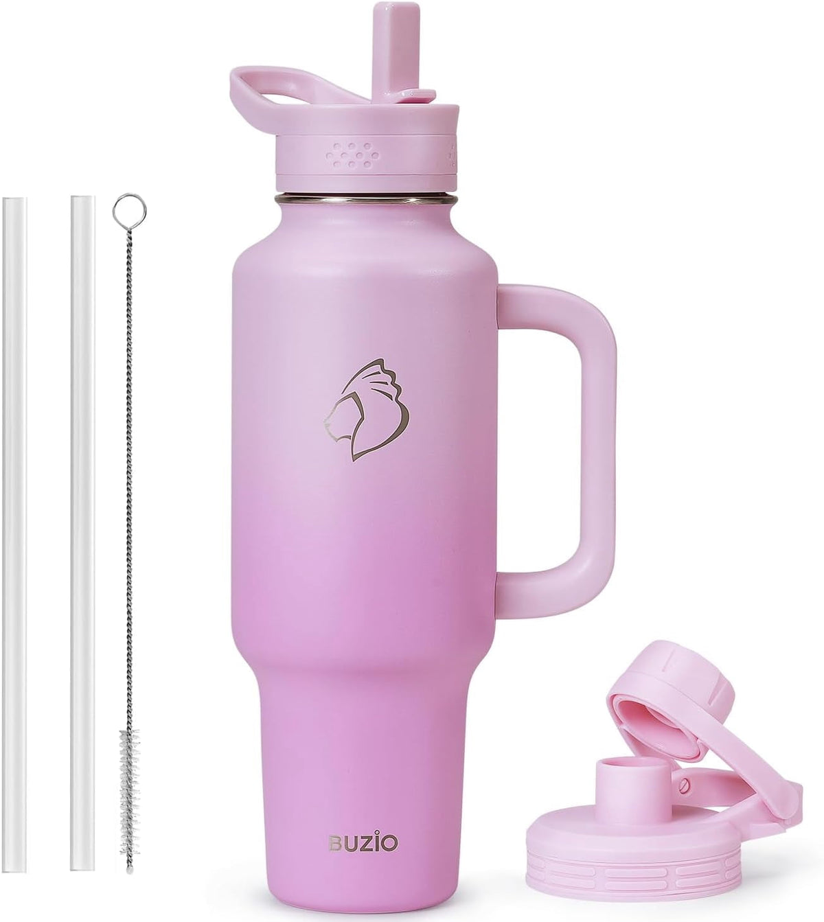 BUZIO 40 oz Water Bottle Fits in Cup Holder Insulated Tumbler with Handle Water Flask with 2 Lids Wide Mouth Travel Mug,Gradient Pink