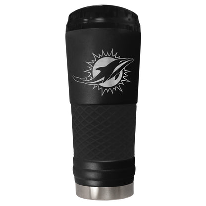 Miami Dolphins 24 ounce vacuum insulated stainless steel tumbler in black powder coat and laser etched team logo