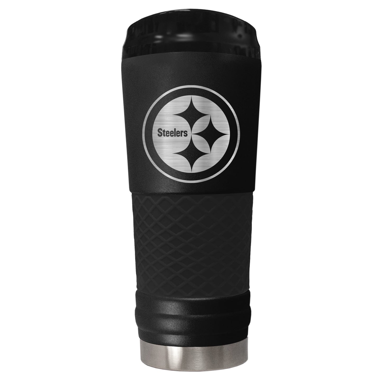 Pittsburgh Steelers 24 ounce vacuum insulated stainless steel tumbler in black powder coat and laser etched team logo