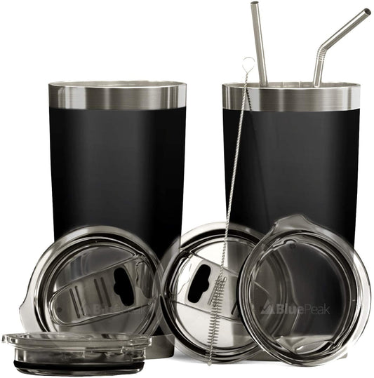 BluePeak Double Wall Stainless Steel Vacuum Insulated Tumbler Set, 2-Pack, 20 oz, Black