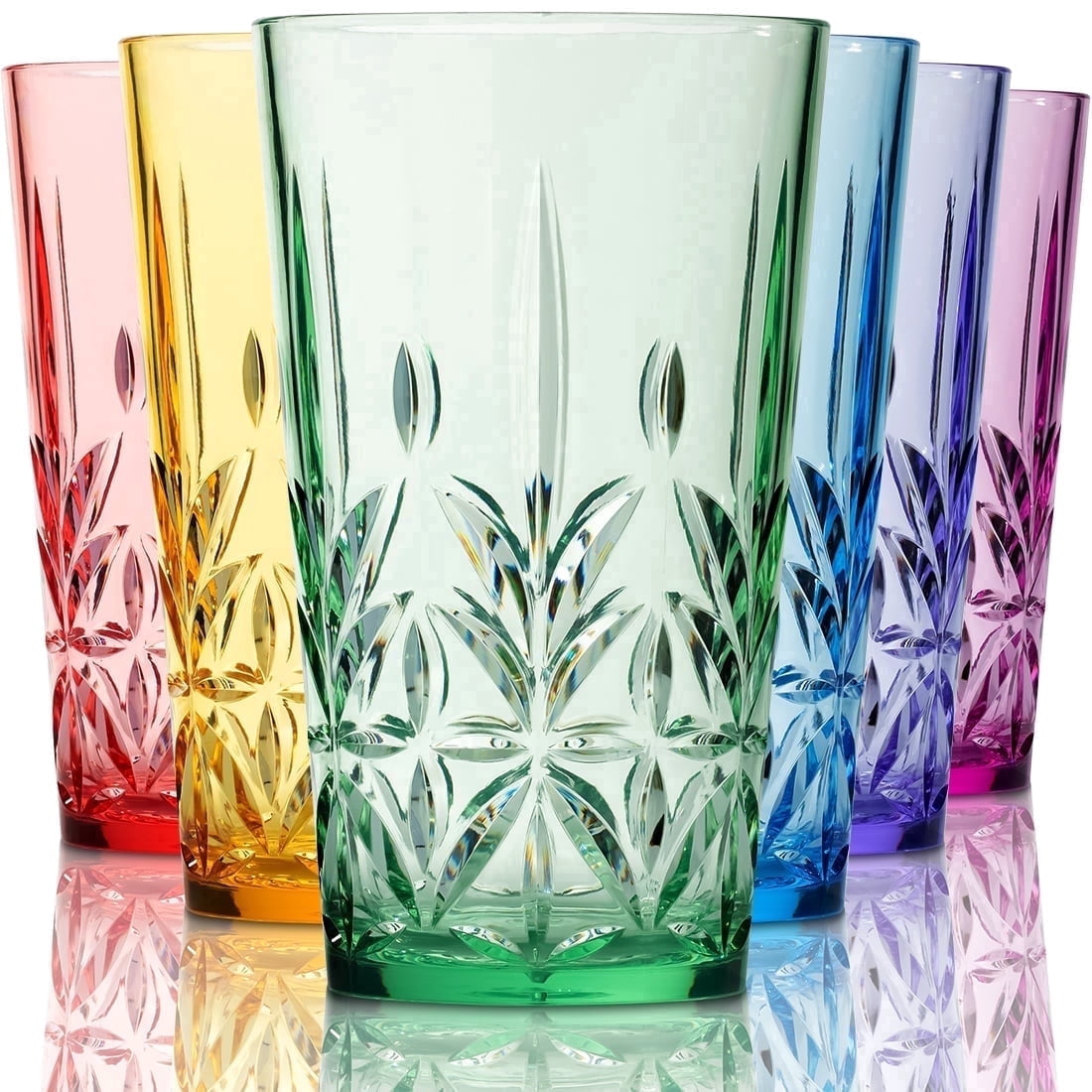 Bravario Royal Plastic Drinking Tumbler, Dishwasher-Safe BPA-Free Water Glasses, Durable Mixed Colors Assorted Stackable Cups, 18 oz Set of 6