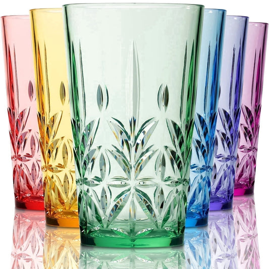 Bravario Royal Plastic Drinking Tumbler, Dishwasher-Safe BPA-Free Water Glasses, Durable Mixed Colors Assorted Stackable Cups, 18 oz Set of 6