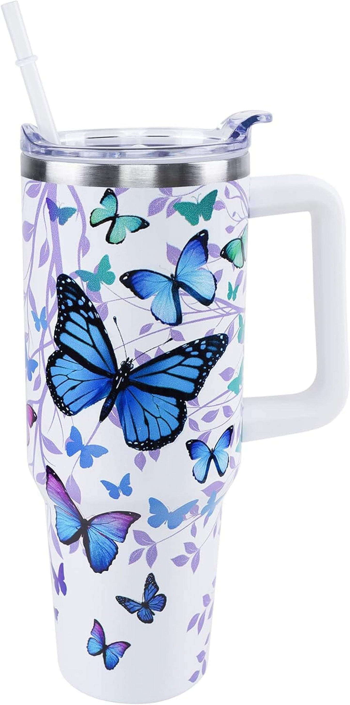 Butterfly Tumbler 40 oz Tumbler with Handle and Straw Lid Leak Proof,Butterfly Coffee Travel Mug with Handle Insulated for Hot and Cold Drink Ice,Christmas Birthday Butterfly Gifts for Women Cup