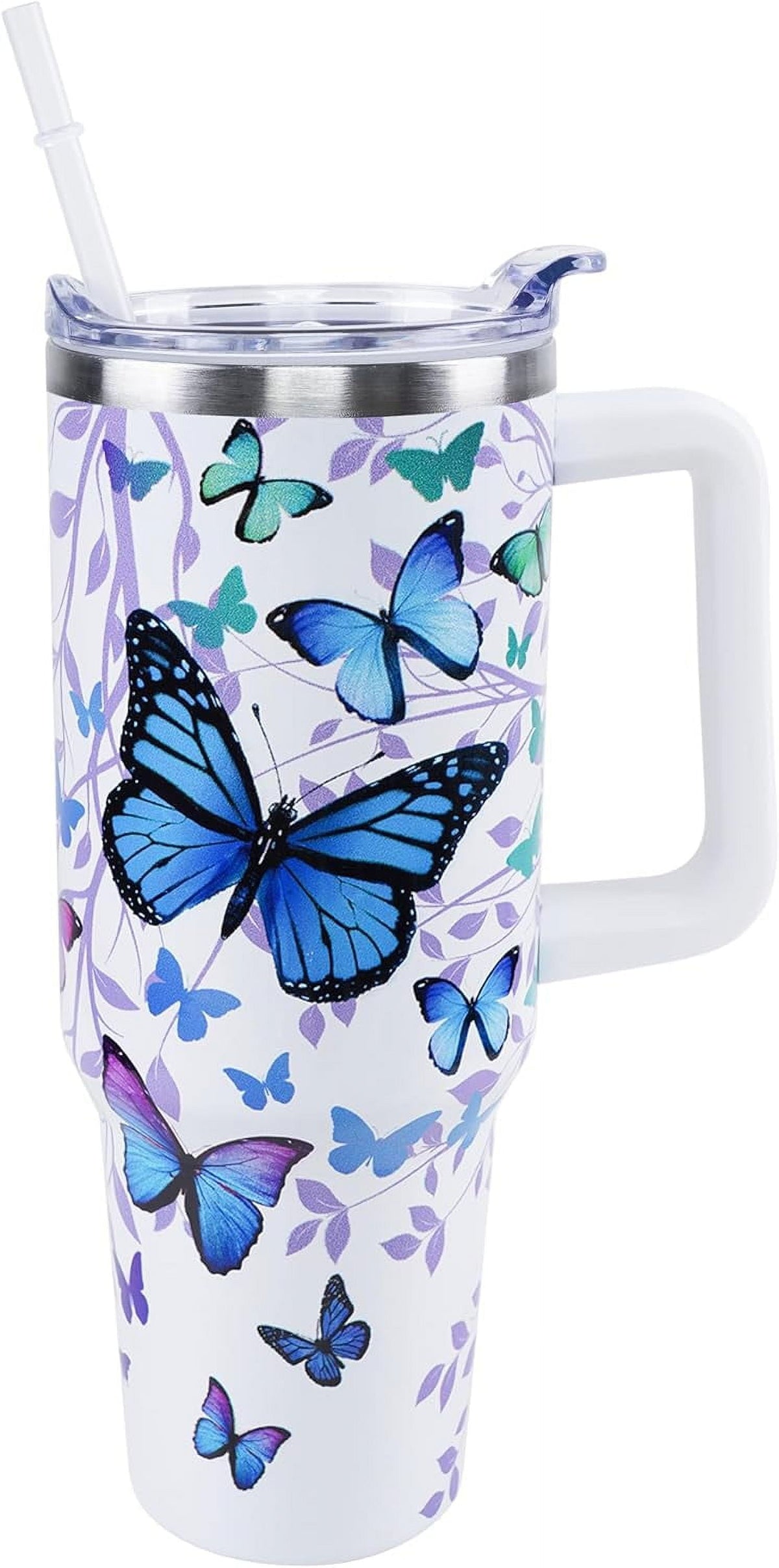Butterfly Tumbler 40 oz Tumbler with Handle and Straw Lid Leak Proof,Butterfly Coffee Travel Mug with Handle Insulated for Hot and Cold Drink Ice,Christmas Birthday Butterfly Gifts for Women Cup