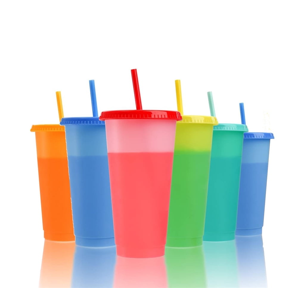 Color Changing Cups with Lids and Straws for Adults - 32oz Reusable Plastic Tumblers with Lids and Straws for Kids in Summer Colors, 7 Iced Coffee Tumbler Party Drinking Cup BPA free