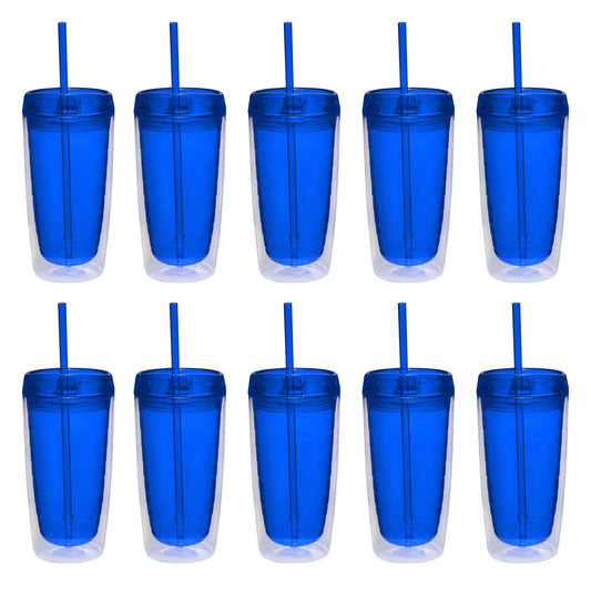Double Wall Acrylic Tumblers 16 oz. Set of 10, Bulk Pack - BPA Free, Perfect for Iced Coffee, Soda, Other Hot & Cold Beverages - Blue