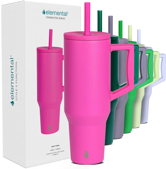 Elemental Commuter 40 oz Tumbler with Handle and Straw Lid | Travel Coffee Mug Spill Resistant | Insulated Cup Stainless Steel Tumblers for Water, Smoothies, Milkshake and More | Hot Pink