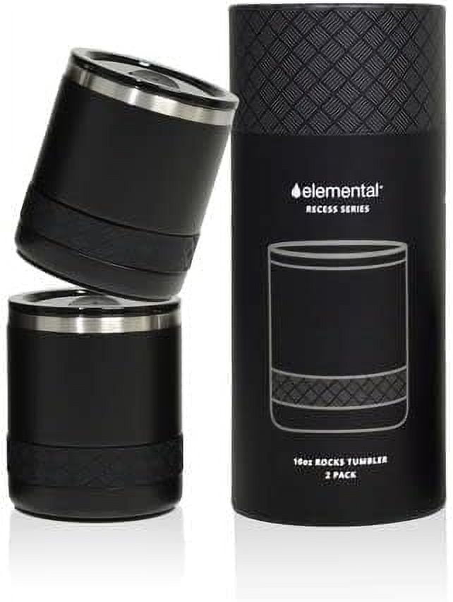 Elemental Recess Lowball Tumbler Set of 2, 10oz Triple Wall Stainless Steel Cup with Non-Shattered Tritan Lid, Insulated Whiskey Glass, Insulated Coffee Tumbler Mug for Hot & Cold Drinks - Black