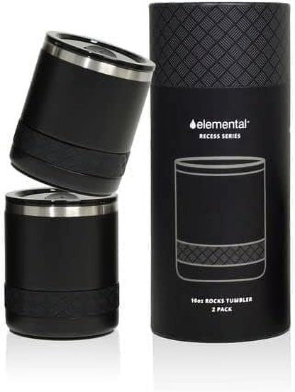 Elemental Recess Lowball Tumbler Set of 2, 10oz Triple Wall Stainless Steel Cup with Non-Shattered Tritan Lid, Insulated Whiskey Glass, Insulated Coffee Tumbler Mug for Hot & Cold Drinks - Black