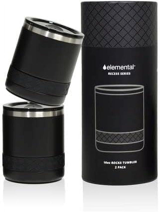 Elemental Recess Lowball Tumbler Set of 2, 10oz Triple Wall Stainless Steel Cup with Non-Shattered Tritan Lid, Insulated Whiskey Glass, Insulated Coffee Tumbler Mug for Hot & Cold Drinks - Black