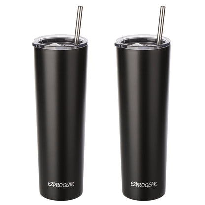Ezprogear 34 oz Stainless Steel Slim Tumbler Double Wall Vacuum Insulated Cup with Straws (Black)