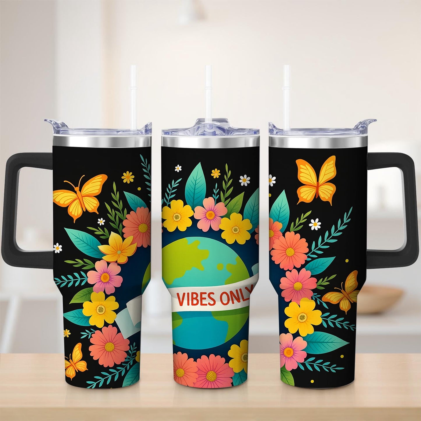 Floral Butterfly Earth Vibes Stainless Steel Tumbler, 40oz