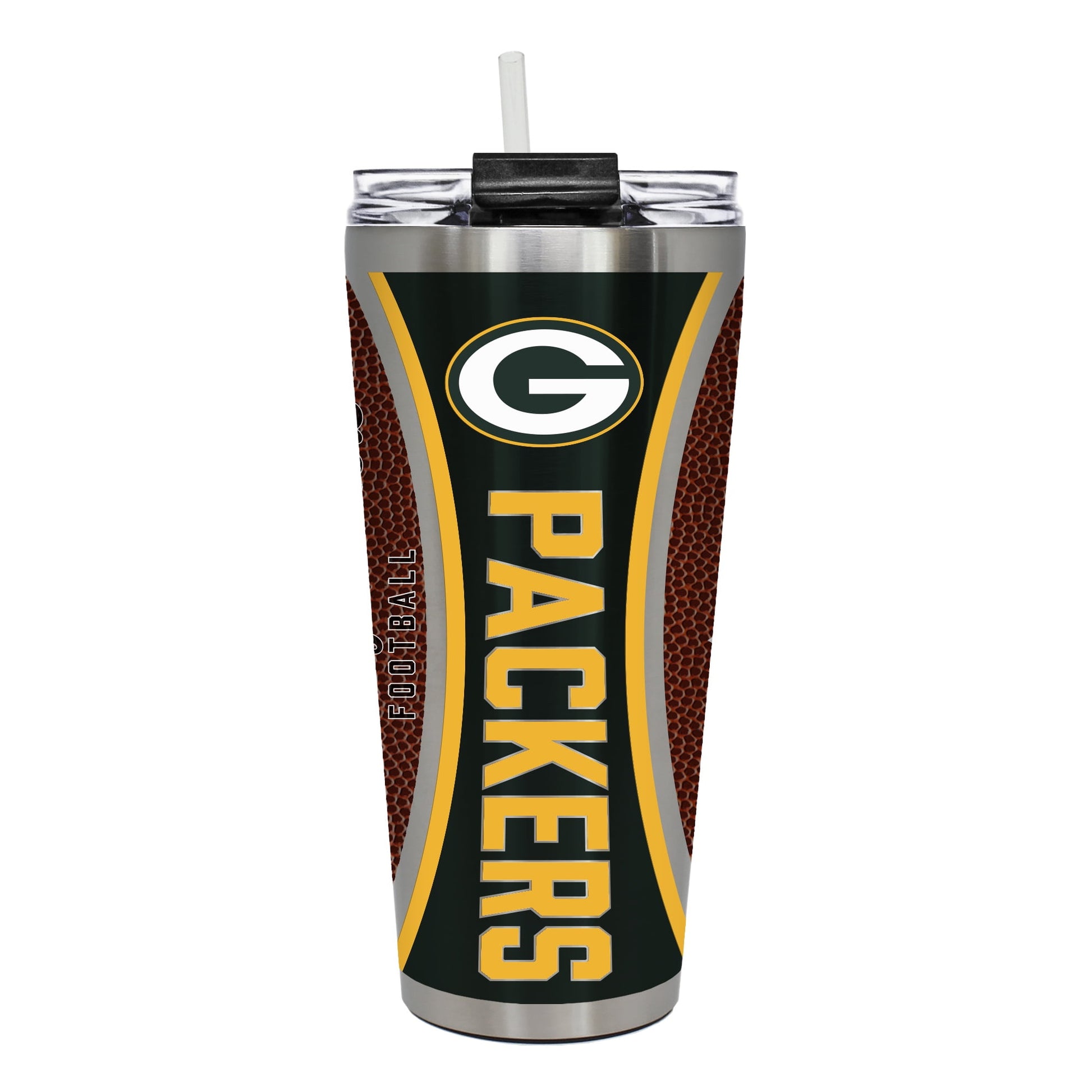 Green Bay Packers 32 ounce vacuum insulated stainless steel tumbler with Gameball graphic