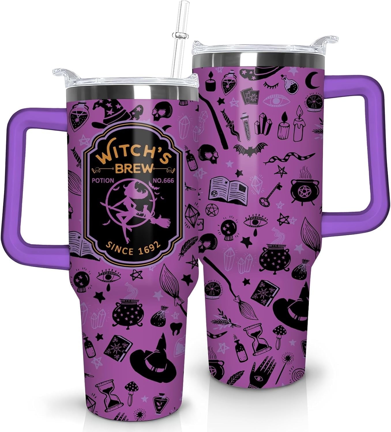 Halloween Tumbler 40 oz Halloween Tumblers with Handle and Straw Purple Witchy Stainless Steel Insulated Coffee Cups Mugs Halloween Gifts Stuff for Women Girls