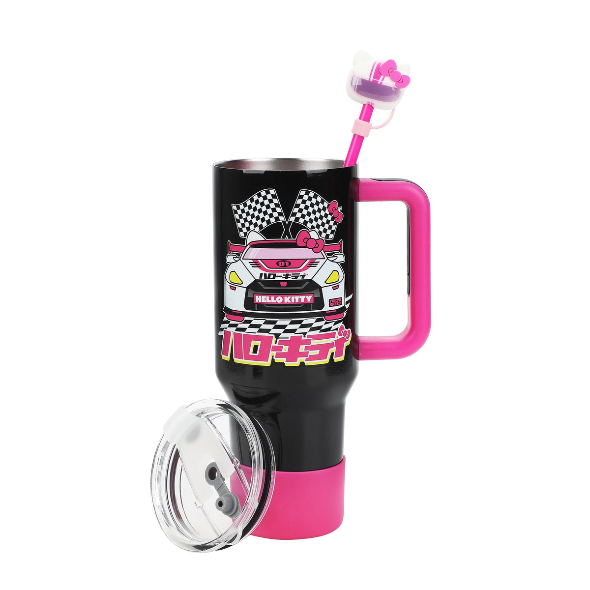 Bioworld Hello Kitty Race Car Vacuum Insulated 40 Oz. Black & Pink Stainless Steel Tumbler with Leak-Proof Lid & Easy Carry Handle for Travel or Home