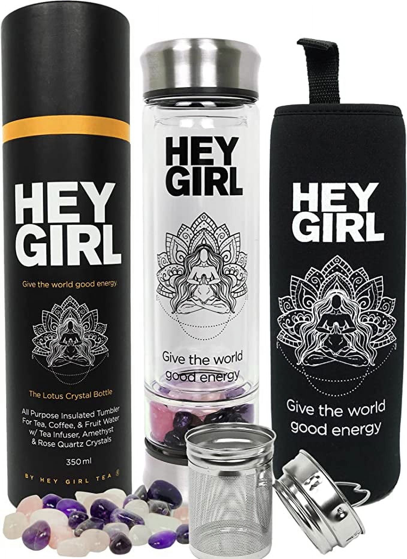 Hey Girl Crystal Water Bottle with Rose Quartz & Amethyst Crystal - Reusable Glass Water Bottles - Tea Infuser Bottle, Clear Glass Travel Mug Tumbler for Women - 350ml