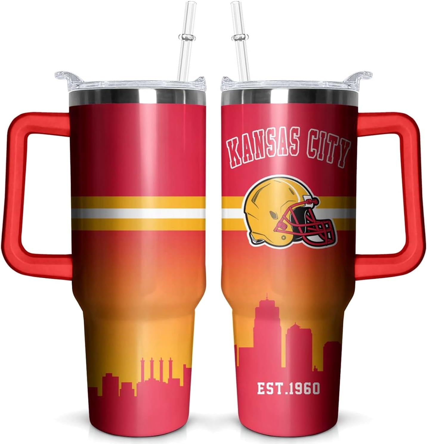 Kansas City 40 OZ Football Tumbler With Handle and Straw – Travel Mug Cup for Fans, Men, Women – Keeps Drinks Cold & Hot