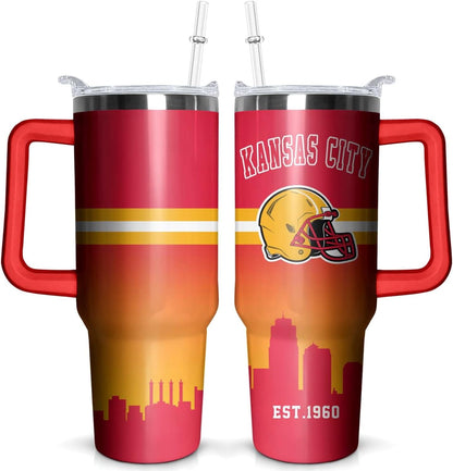 Kansas City 40 OZ Football Tumbler With Handle and Straw – Travel Mug Cup for Fans, Men, Women – Keeps Drinks Cold & Hot