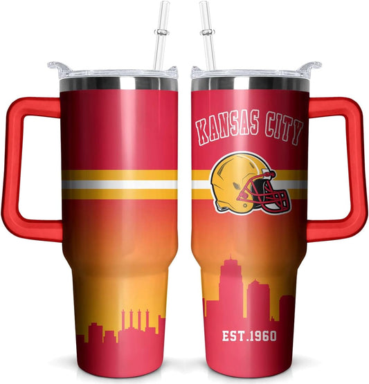 Kansas City 40 OZ Football Tumbler With Handle and Straw – Travel Mug Cup for Fans, Men, Women – Keeps Drinks Cold & Hot
