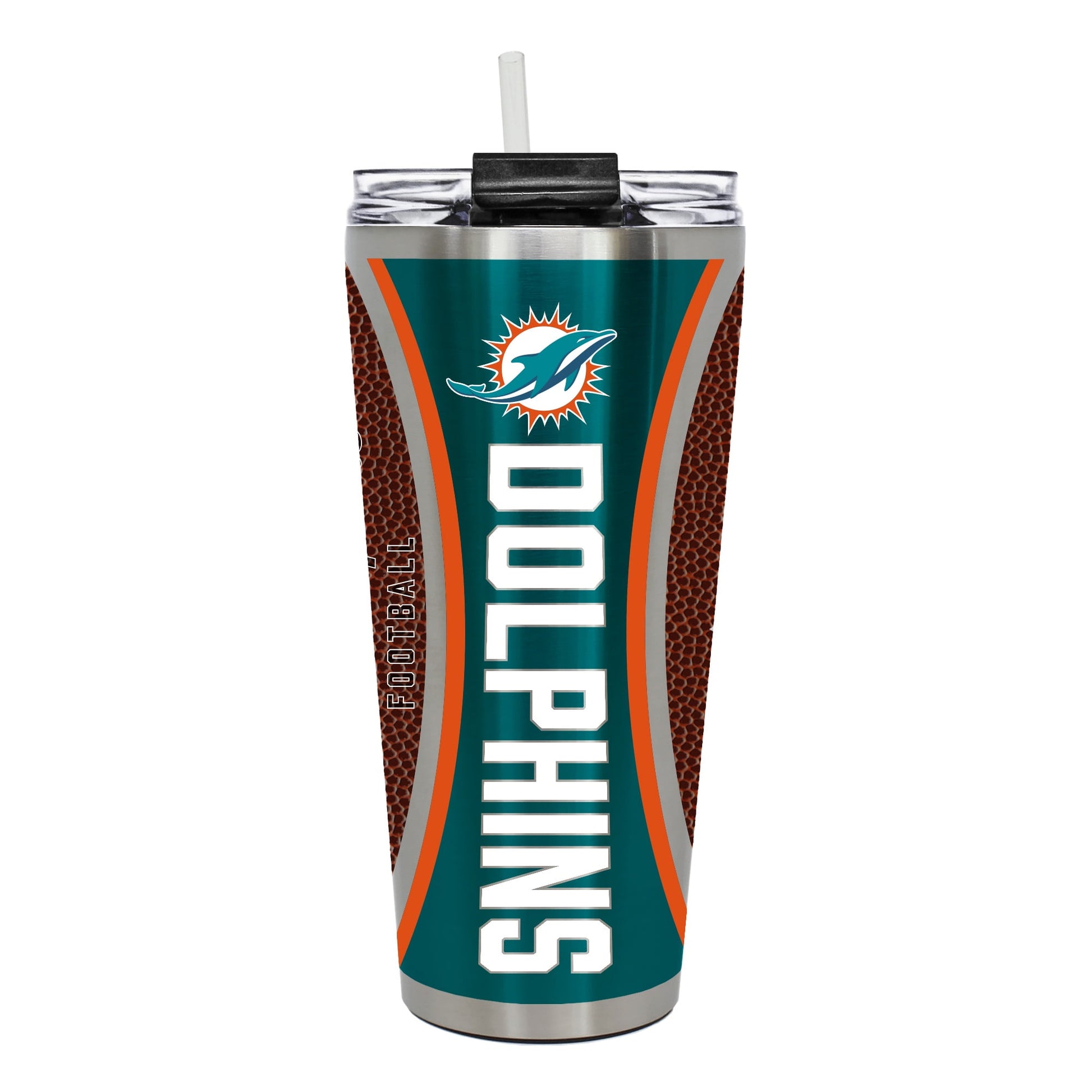 Miami Dolphins 32 ounce vacuum insulated stainless steel tumbler with Gameball graphic