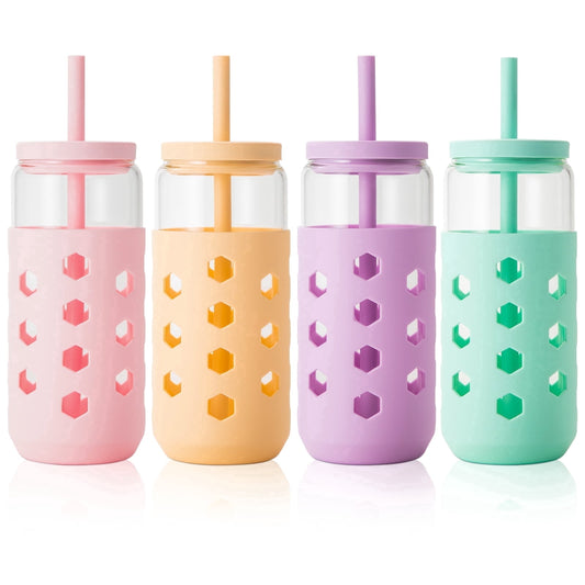 Mrsdry Glass Cups with Silicone Lids and Straws (4 Pcs), 20oz Drinking Glasses Set with Silicone Sleeves for Coffee Bar Accessories Iced Coffee Cups with Lids, Glass Tumbler Reusable for Gifts