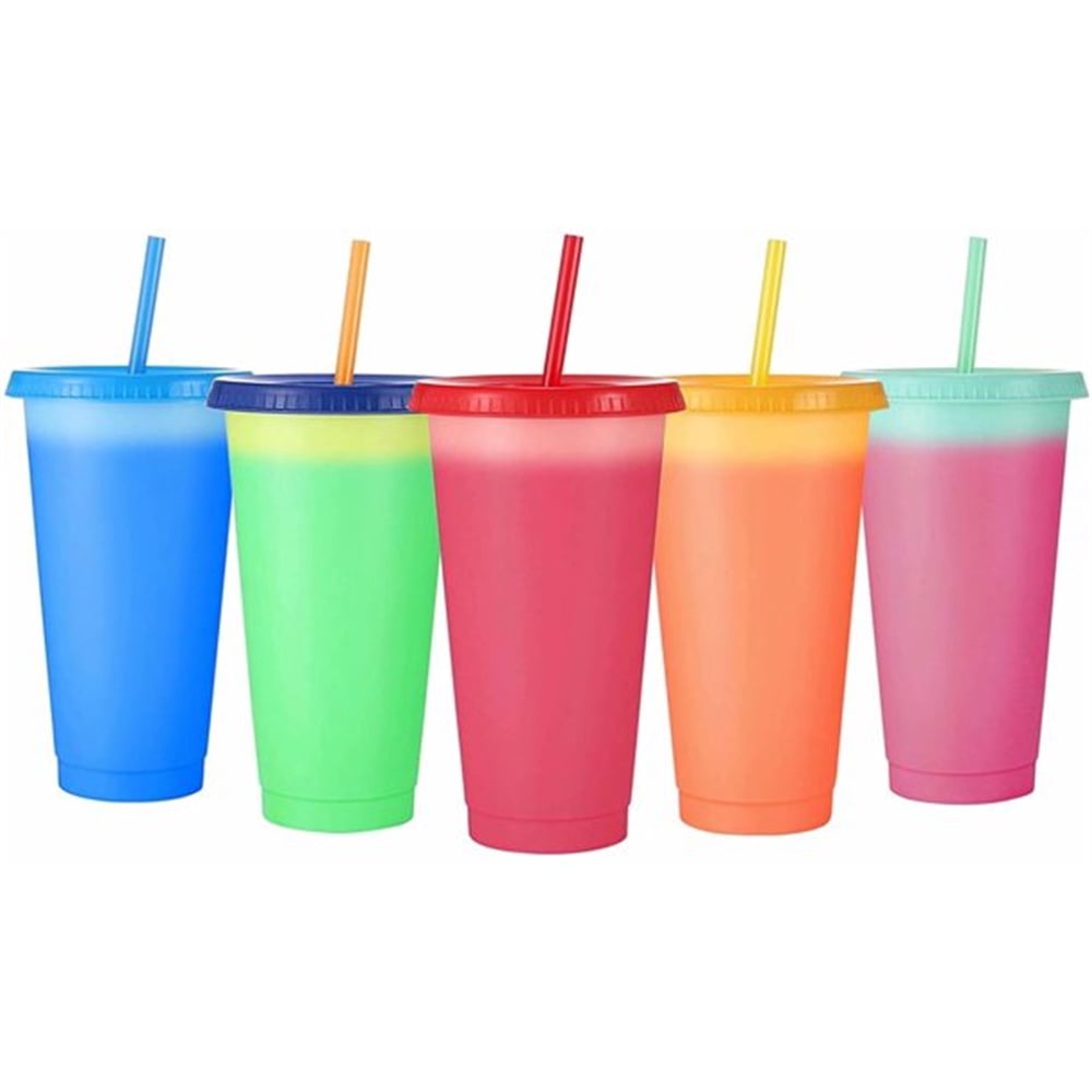 NOGIS Color Changing Cups with Lids 24 oz Reusable Plastic Color Changing Tumblers, Set of 5, BPA FREE