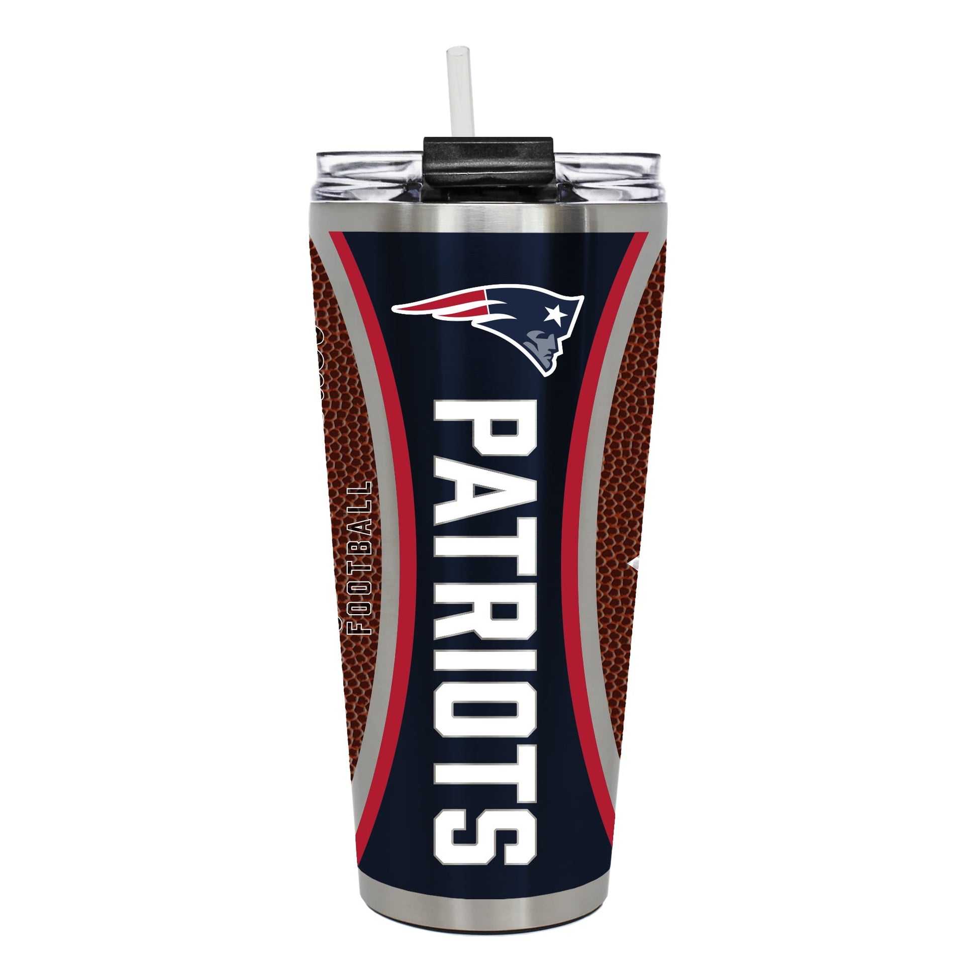 New England Patriots 32 ounce vacuum insulated stainless steel tumbler with Gameball graphic