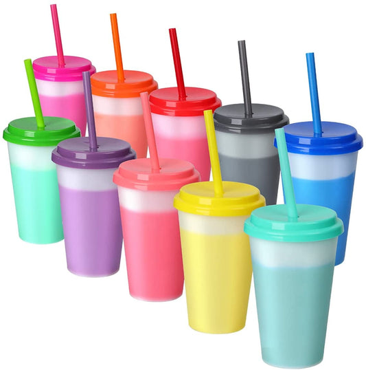 Nogis Plastic Cups with Lids and Straws 10Pack 12oz Reusable Color Changing Cups for Adult Kids Cold Coffee Drinking Tumblers Summer Party Cups