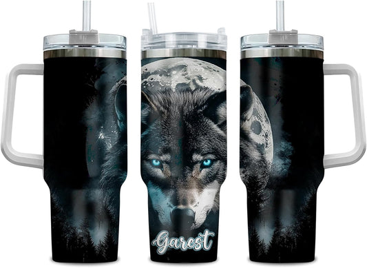 Personalized Wolf Tumbler 40oz with Handle & Straw - Wolf Lovers Gifts - Animal Lover Gifts - Present for Men Women on Birthday Christmas -Custom Name Stainless Steel Travel Coffee Cup