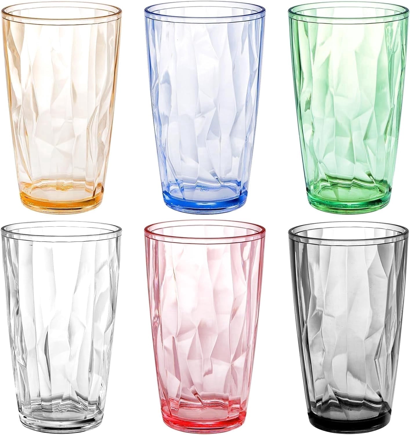 Plastic Reusable Drinking Glasses (Set of 6) 16 oz Water Cups ,BPA-Free Tumblers,Reusable Mixed Colors Assorted Stackable Cups, Dishwasher Safe
