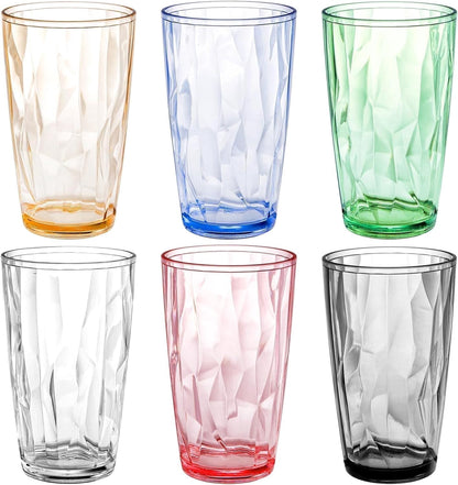 Plastic Reusable Drinking Glasses (Set of 6) 16 oz Water Cups ,BPA-Free Tumblers,Reusable Mixed Colors Assorted Stackable Cups, Dishwasher Safe
