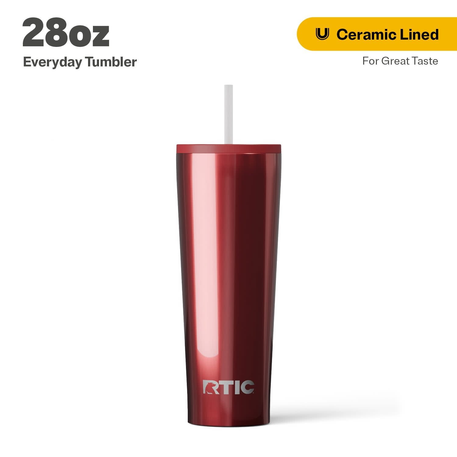 RTIC 28 oz Ceramic Lined Everyday Tumbler, Spill-Resistant Straw Lid, Black Cherry Metallic