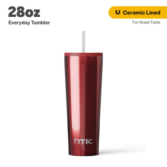 RTIC 28 oz Ceramic Lined Everyday Tumbler, Spill-Resistant Straw Lid, Black Cherry Metallic