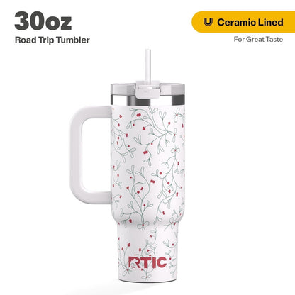 RTIC 30 oz Ceramic Lined Road Trip Tumbler, Leak-Resistant Straw Lid, Christmas, Holiday, Mistletoe
