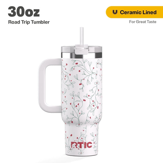 RTIC 30 oz Ceramic Lined Road Trip Tumbler, Leak-Resistant Straw Lid, Christmas, Holiday, Mistletoe