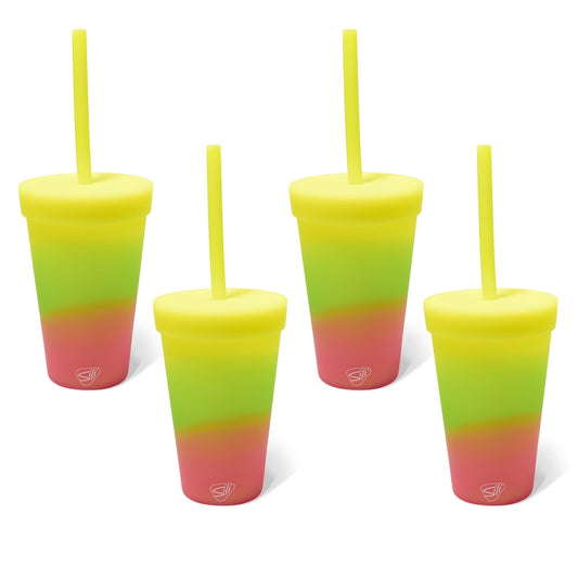 Silipint 16oz Silicone Tumbler with Straw Lid – Unbreakable, Non-Toxic, Dishwasher Safe & Spill Proof Tumbler – Leakproof Travel Mug for Coffee, Juice, Cocktail, Pack of 4, Ombre Glow Yellow