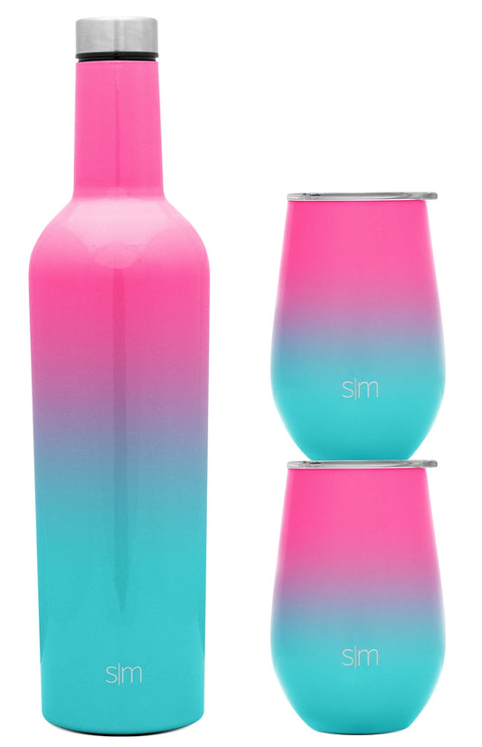 Simple Modern Spirit Wine Bundle - 2 12oz. Wine Tumbler Glasses with Lids & 1 Wine Bottle - Vacuum Insulated 18/8 Stainless Steel Ombre: Sorbet