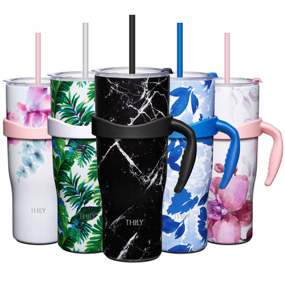 Stainless Steel Vacuum Insulated Tumbler - THILY 40 oz Coffee Travel Mug with Handle and Lids, Reusable, Sweat Proof, Keep Drinks Cold for 34 Hours or Hot for 12 Hours, BPA Free, Black Marble