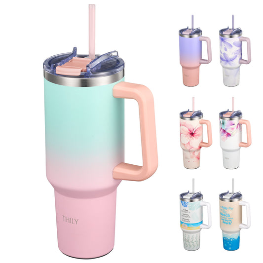 THILY 40 oz Vacuum Insulated Tumbler with Handle - Stainless Steel Coffee Travel Mug with Lid and Straws, Keep Drinks Cold 34 Hours or Hot 12 Hours, for Cold Drinking, Tea, Iced Water, Candy Pink