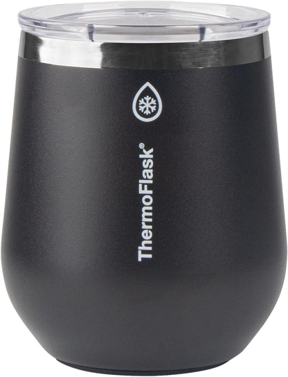 ThermoFlask Drinkware Collection - 12 oz Insulated Wine Tumbler with Leakproof Push N Sip Lid, Jet Black