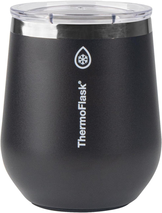 ThermoFlask Drinkware Collection - 12 oz Insulated Wine Tumbler with Leakproof Push N Sip Lid, Jet Black
