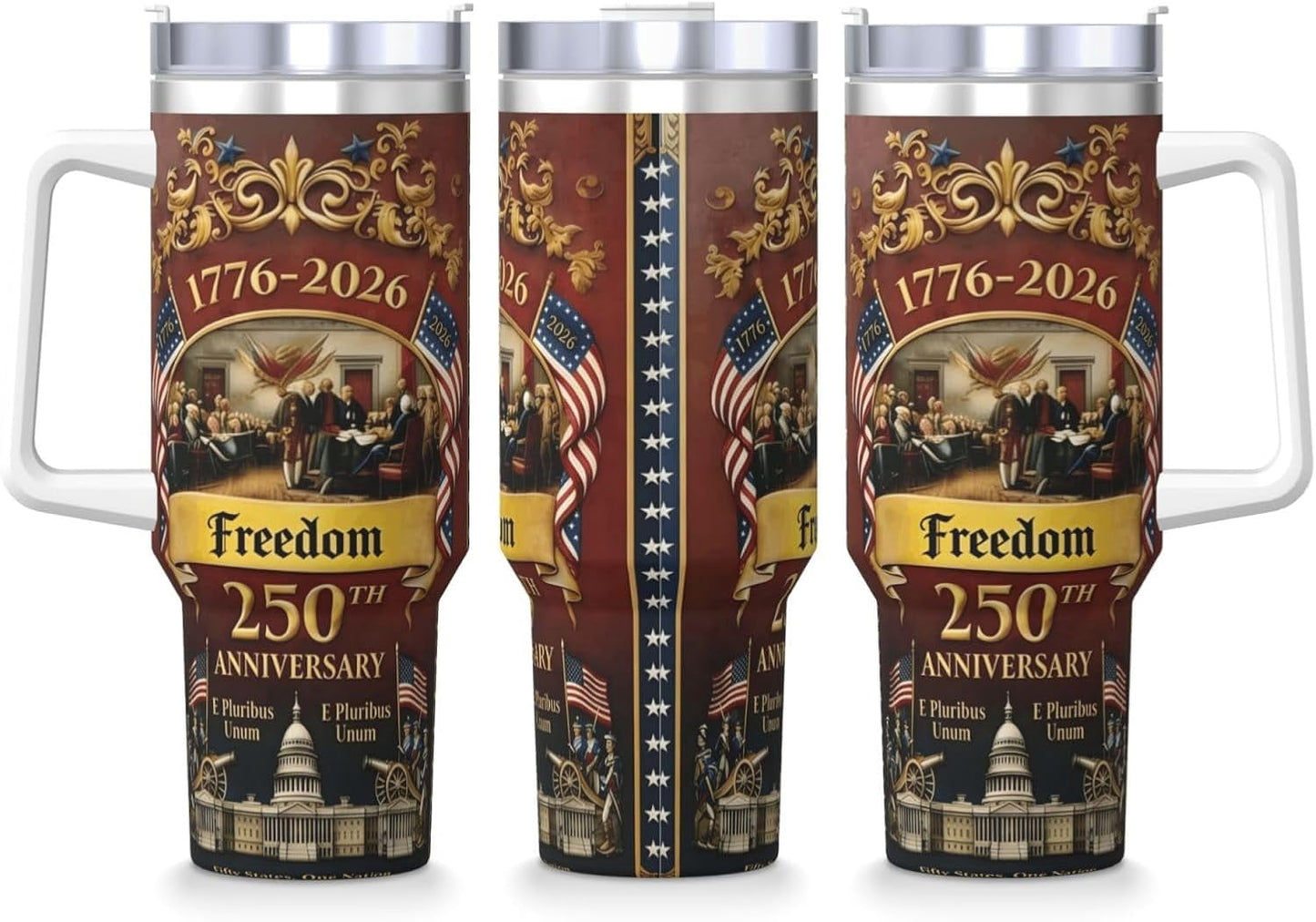 US250th Anniversary Commemorative Insulated Travel Mug with Handle and Straw, 1776-2026 Design, Stainless Steel Tumbler with Lid