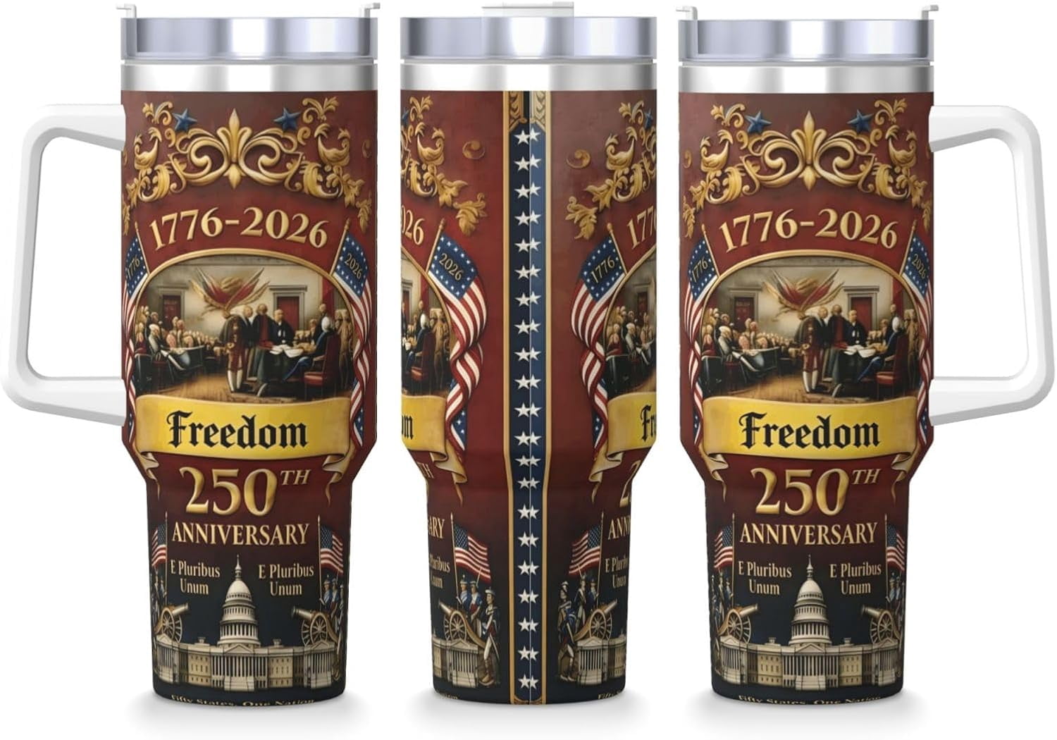 US250th Anniversary Commemorative Insulated Travel Mug with Handle and Straw, 1776-2026 Design, Stainless Steel Tumbler with Lid