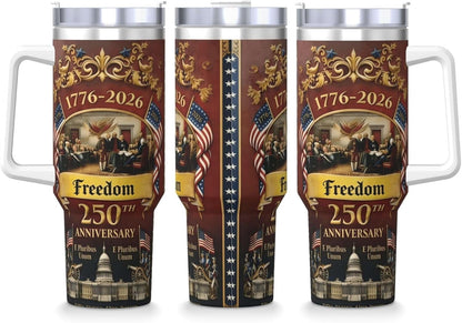 US250th Anniversary Commemorative Insulated Travel Mug with Handle and Straw, 1776-2026 Design, Stainless Steel Tumbler with Lid
