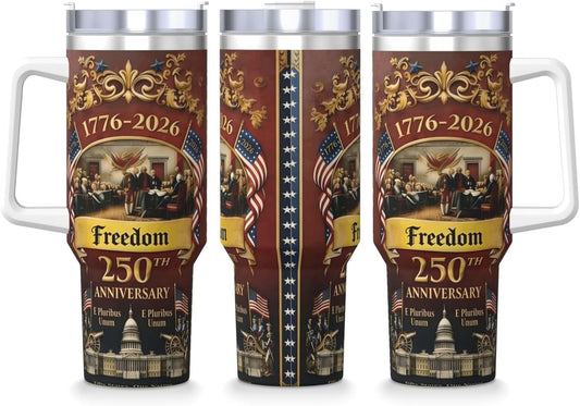 US250th Anniversary Commemorative Insulated Travel Mug with Handle and Straw, 1776-2026 Design, Stainless Steel Tumbler with Lid