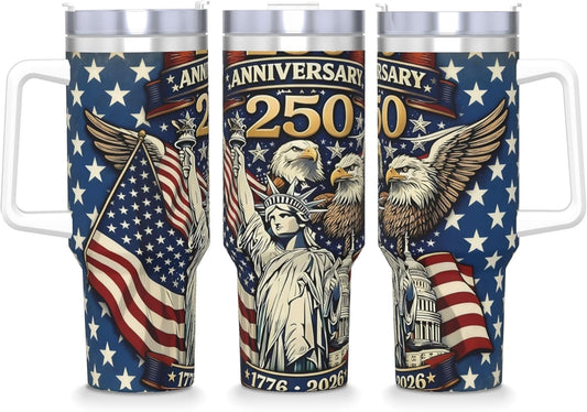 USA 250th Anniversary Patriotic Tumbler, Stainless Steel, with Lid and Straw, God Bless Eagle Design, 1776-2026 (250th anniversary-5)