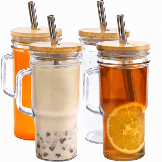 XUET 24oz Glass Cups with Lids and Straws - Glass Tumbler cup with bamboo lids and straw iced coffee cup