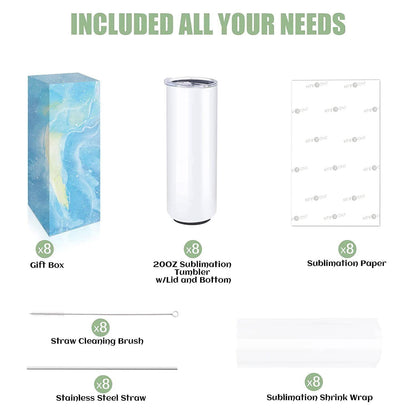 HTVRONT 8 Pack Sublimation Tumblers - Sublimation Blanks Tumbler 20 OZ Skinny - Stainless Steel Sublimation Tumblers with Box, Paper and Straw